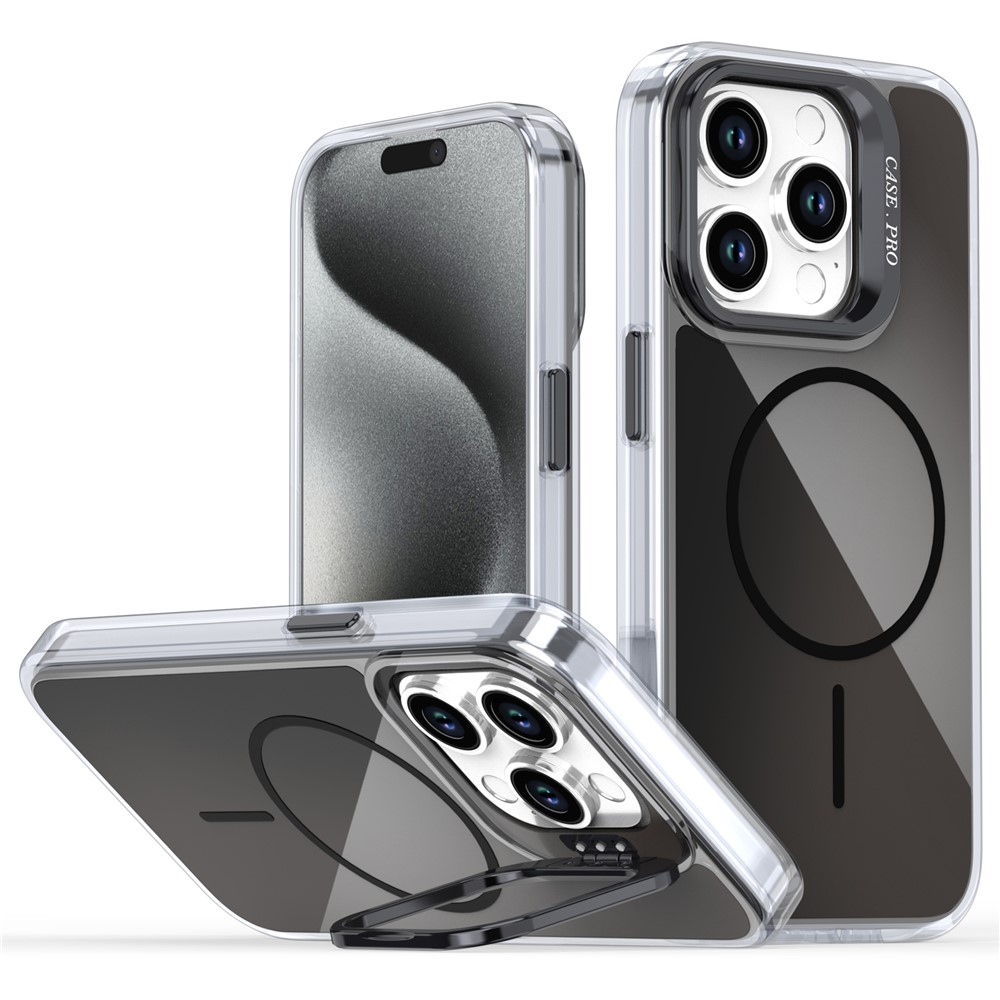 For iPhone 15 Pro Case Compatible with MagSafe TPU + Acrylic Gradient Phone Cover with Kickstand - Black