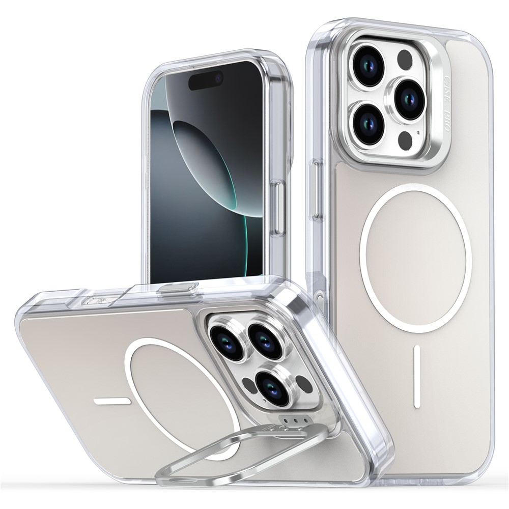 For iPhone 16 Pro Case Compatible with MagSafe TPU + Acrylic Gradient Phone Cover with Kickstand - White