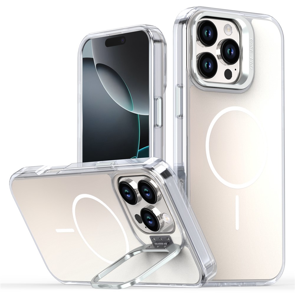 For iPhone 16 Pro Max Case Compatible with MagSafe TPU + Acrylic Phone Cover with Lens Frame Kickstand - White