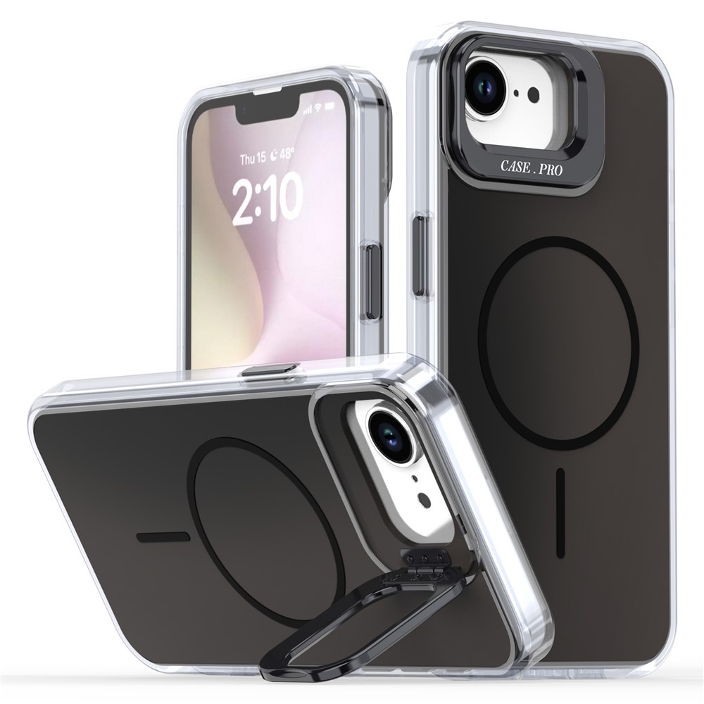 For iPhone 16e Case Compatible with MagSafe TPU + Acrylic Phone Cover with Lens Frame Kickstand - Black