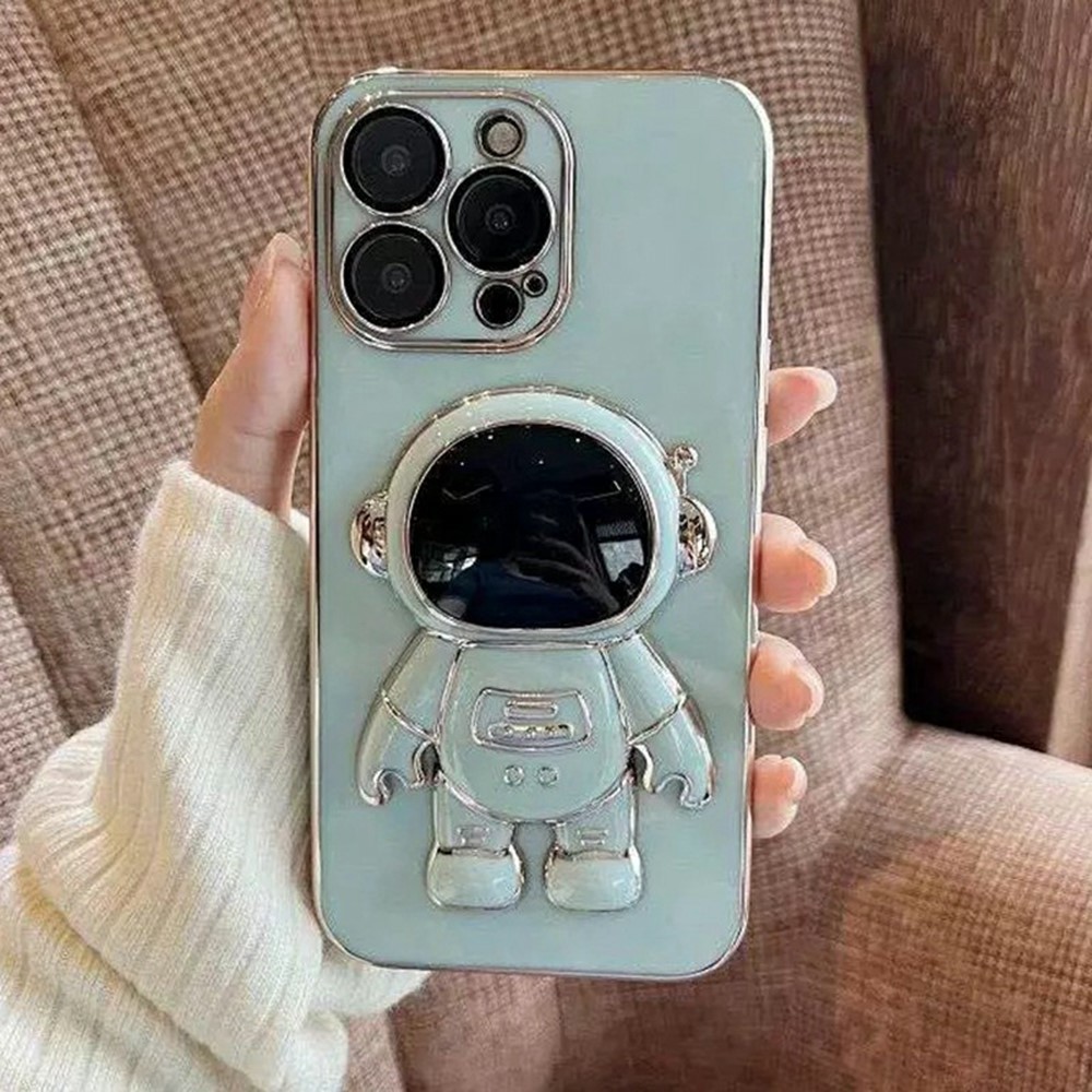 For iPhone 12 Pro Case Electroplating Soft TPU Phone Cover Astronaut Hidden Kickstand - Cyan