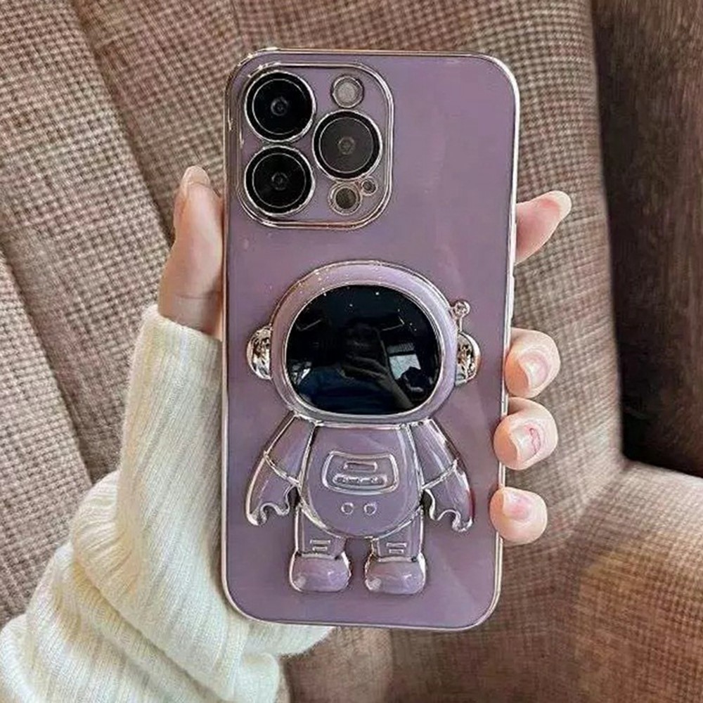 For iPhone 12 Pro Case Electroplating Soft TPU Phone Cover Astronaut Hidden Kickstand - Purple