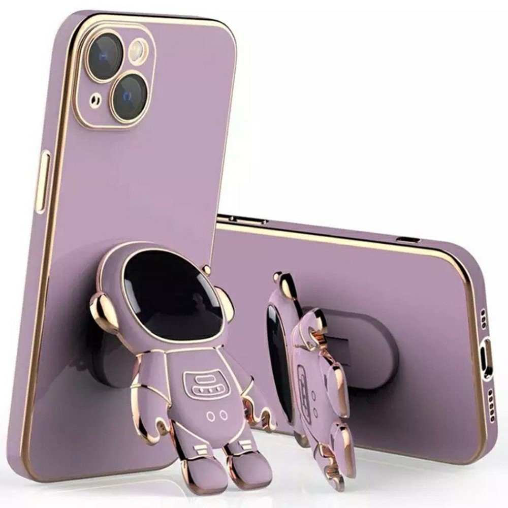 For iPhone 14 Case Electroplating Soft TPU Phone Cover Astronaut Hidden Kickstand - Purple