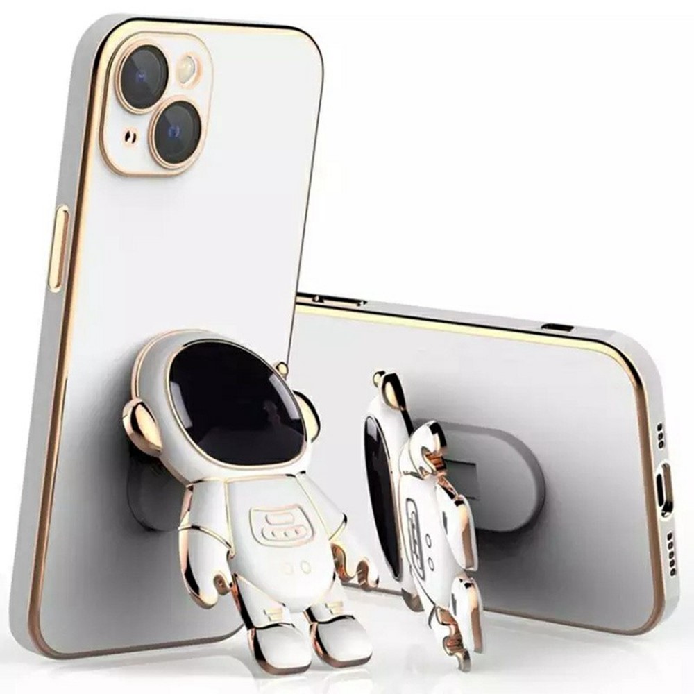 For iPhone 15 Case Electroplating Soft TPU Phone Cover Astronaut Hidden Kickstand - White