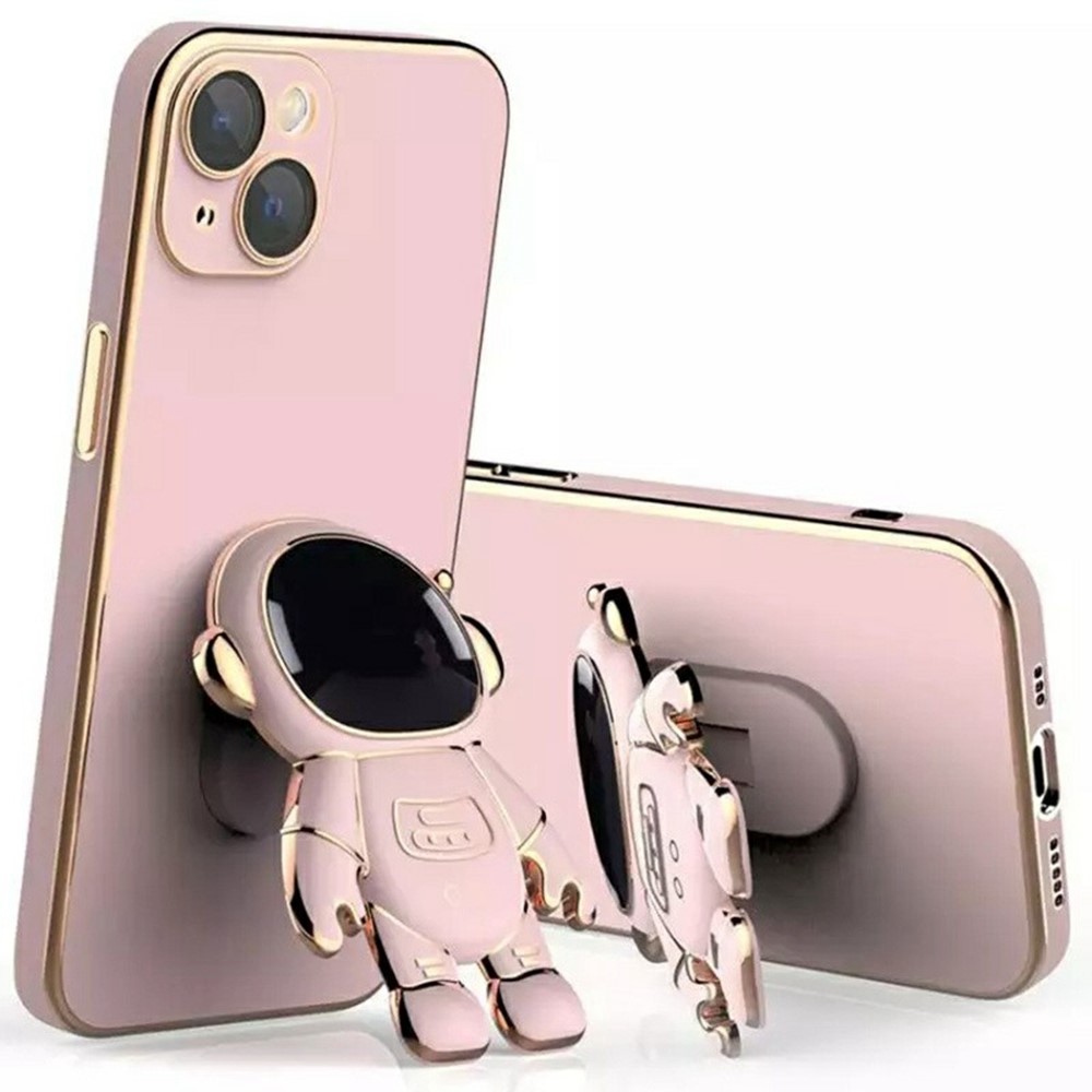For iPhone 15 Case Electroplating Soft TPU Phone Cover Astronaut Hidden Kickstand - Pink