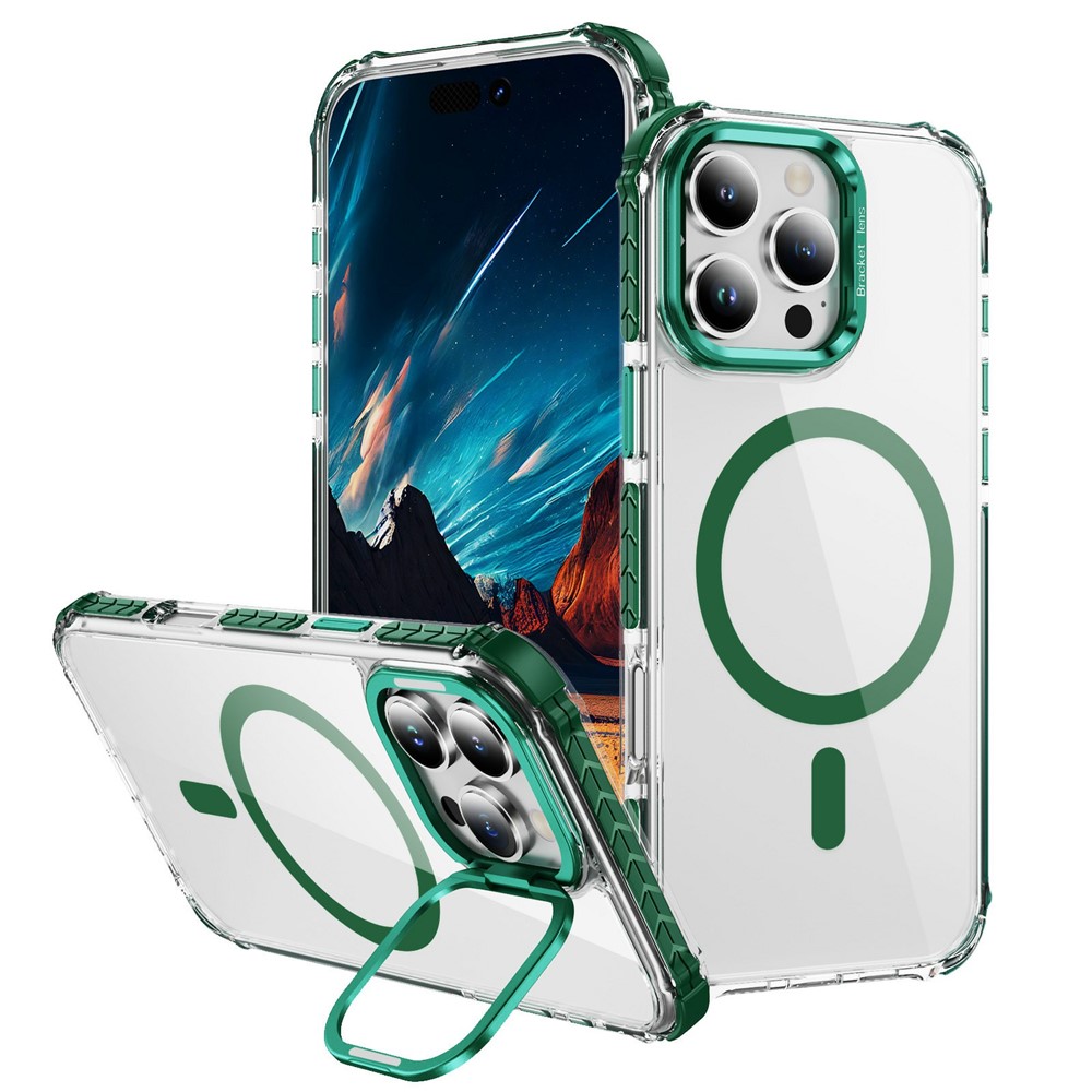 For iPhone 14 Pro Max Clear Phone Case with Lens Kickstand Cover Compatible with MagSafe - Green