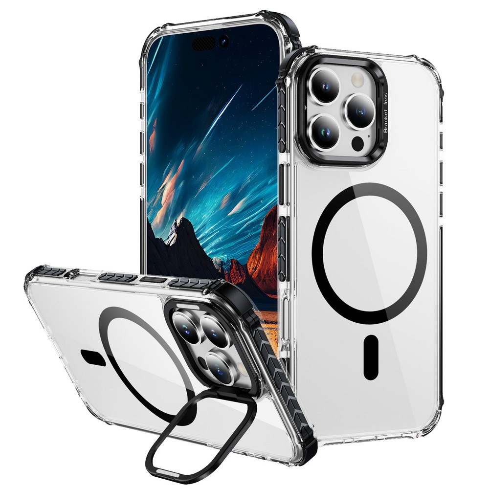 For iPhone 14 Pro Max Clear Phone Case with Lens Kickstand Cover Compatible with MagSafe - Black