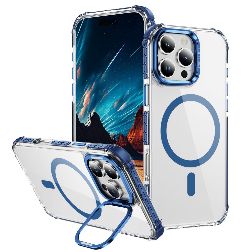 For iPhone 14 Pro Max Clear Phone Case with Lens Kickstand Cover Compatible with MagSafe - Blue