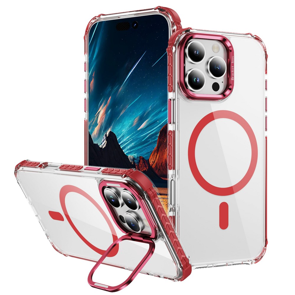 For iPhone 14 Pro Clear Phone Case with Lens Kickstand Cover Compatible with MagSafe - Red