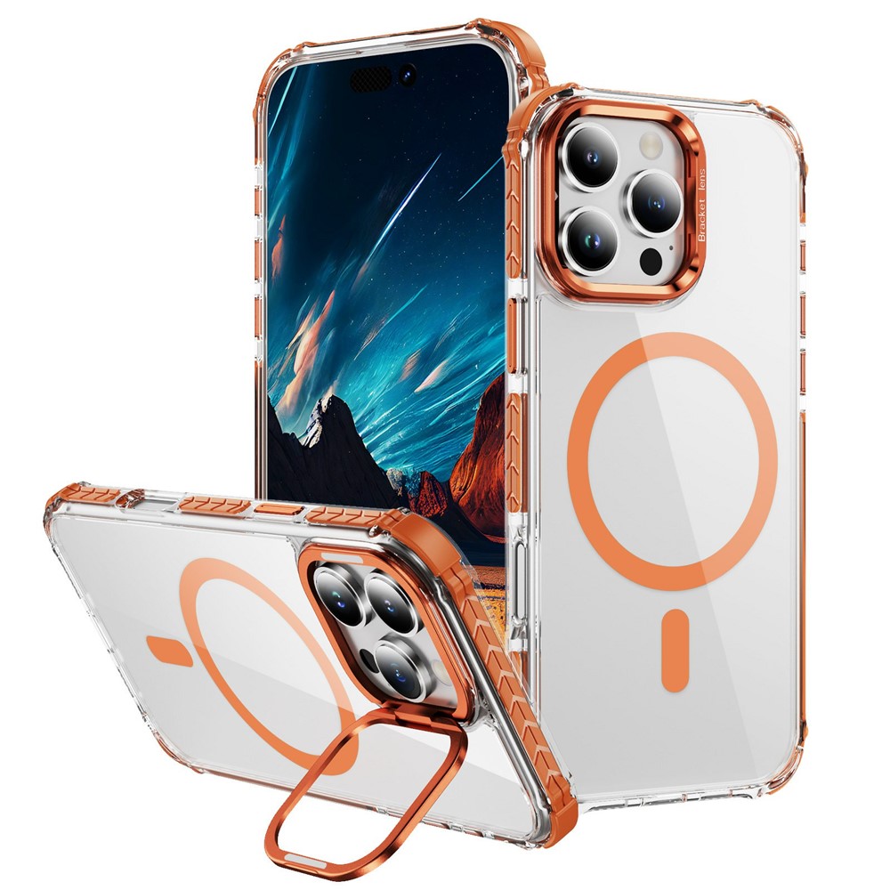 For iPhone 14 Pro Clear Phone Case with Lens Kickstand Cover Compatible with MagSafe - Orange