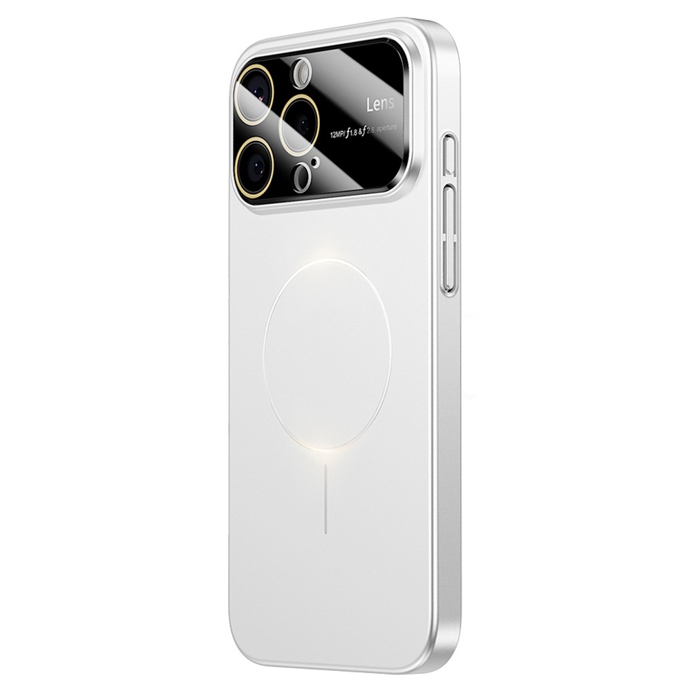 For iPhone 16 Pro Max Magnetic Case Large View Window Matte PC Phone Back Cover with Lens Film - Desert Gold - Ivory White