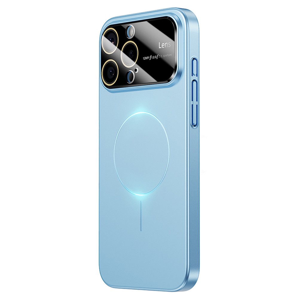 For iPhone 16 Pro Max Magnetic Case Large View Window Matte PC Phone Back Cover with Lens Film - Desert Gold - Blue