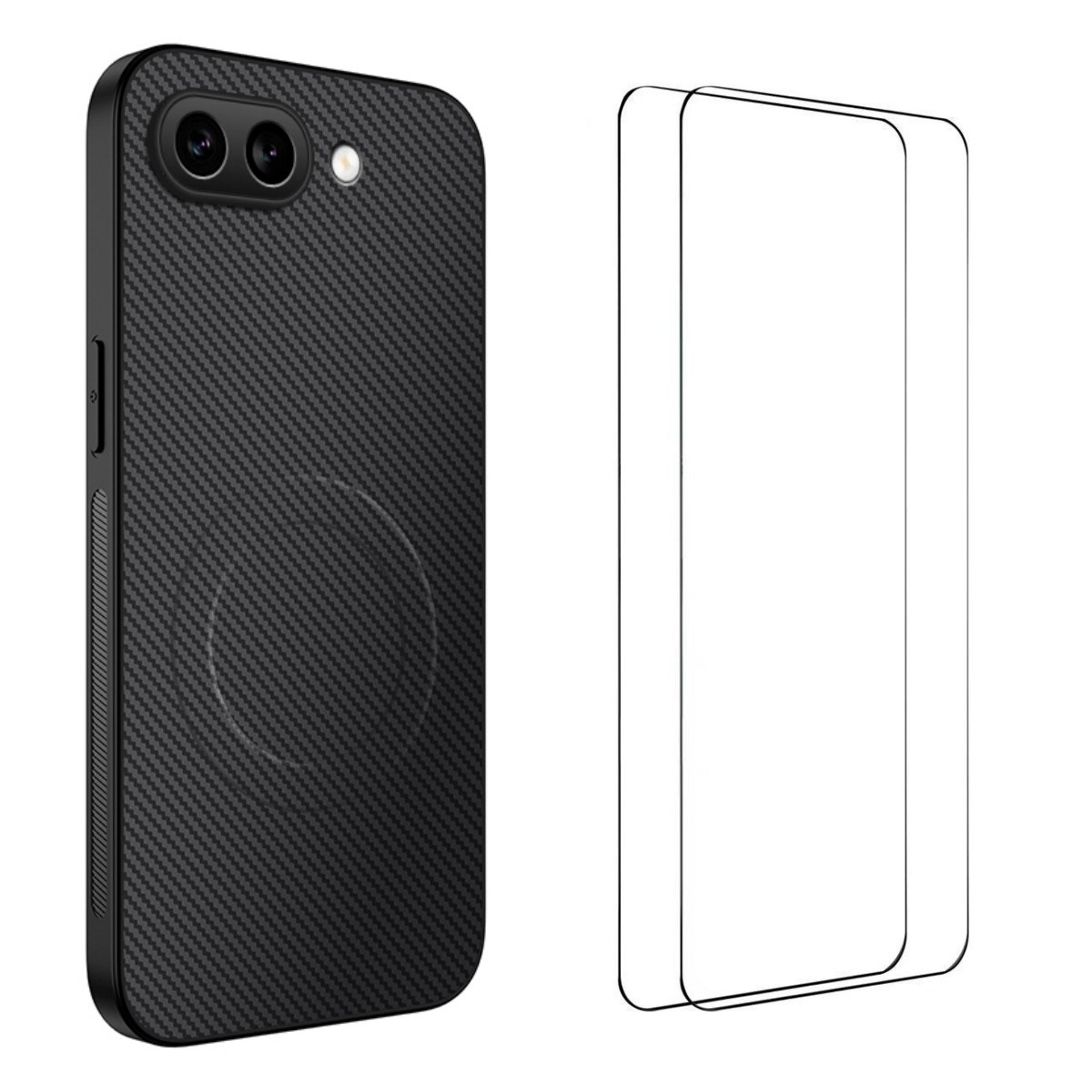 For Google Pixel 9a Magnetic Case WANLONFENG TQ1 Series Carbon Fiber Texture PC TPU Phone Cover with 2Pcs Screen Films - Black
