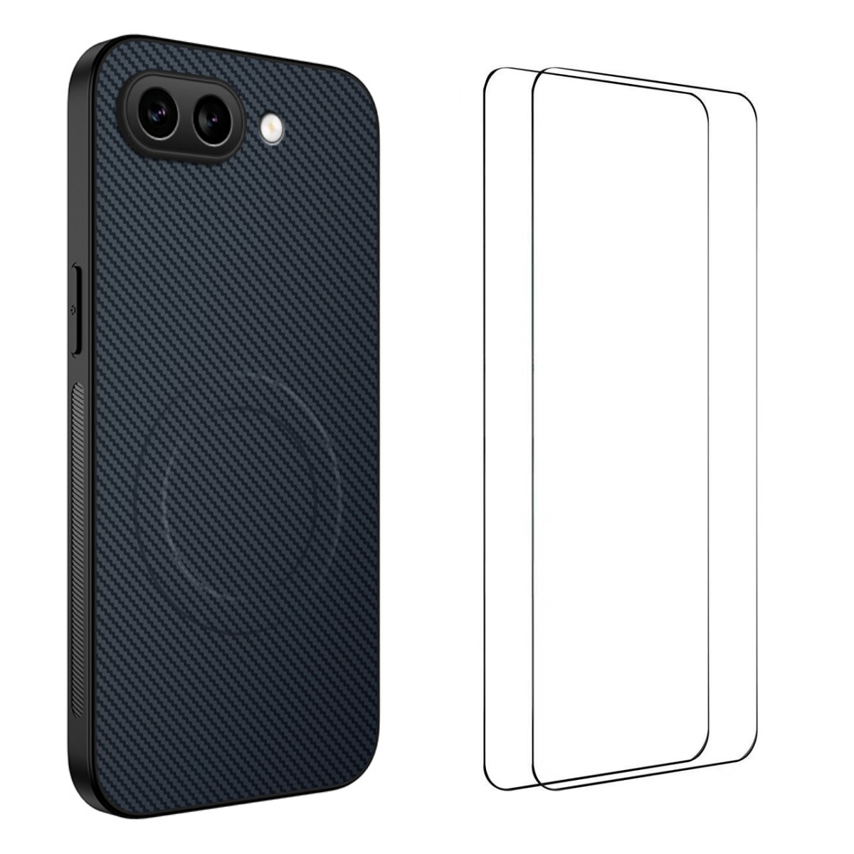 For Google Pixel 9a Magnetic Case WANLONFENG TQ1 Series Carbon Fiber Texture PC TPU Phone Cover with 2Pcs Screen Films - Sapphire