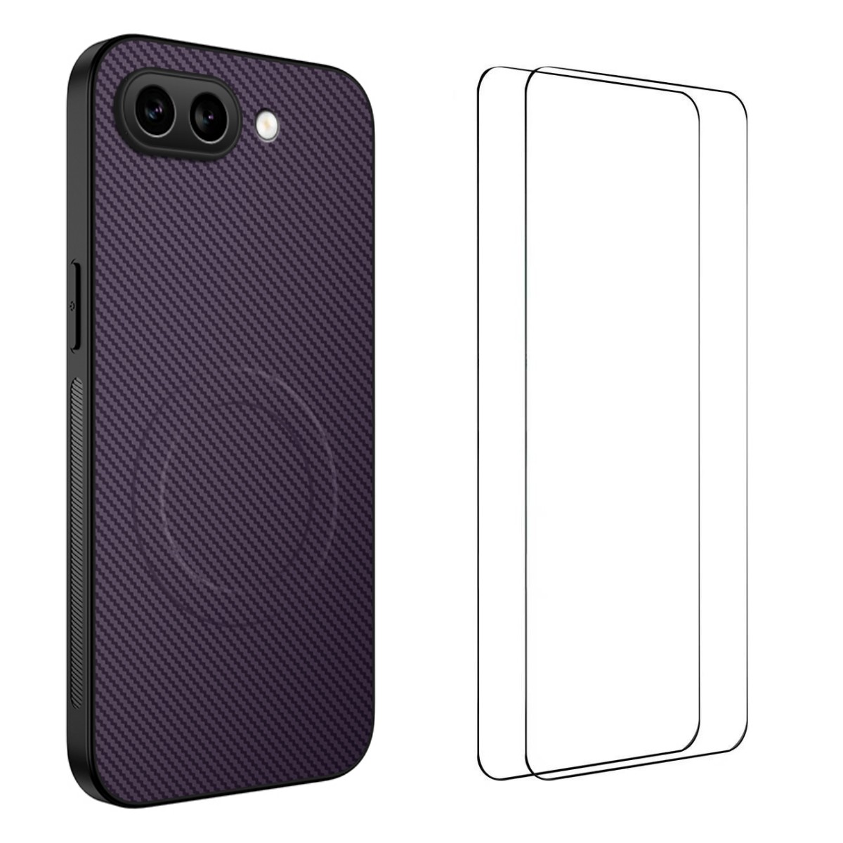 For Google Pixel 9a Magnetic Case WANLONFENG TQ1 Series Carbon Fiber Texture PC TPU Phone Cover with 2Pcs Screen Films - Purple
