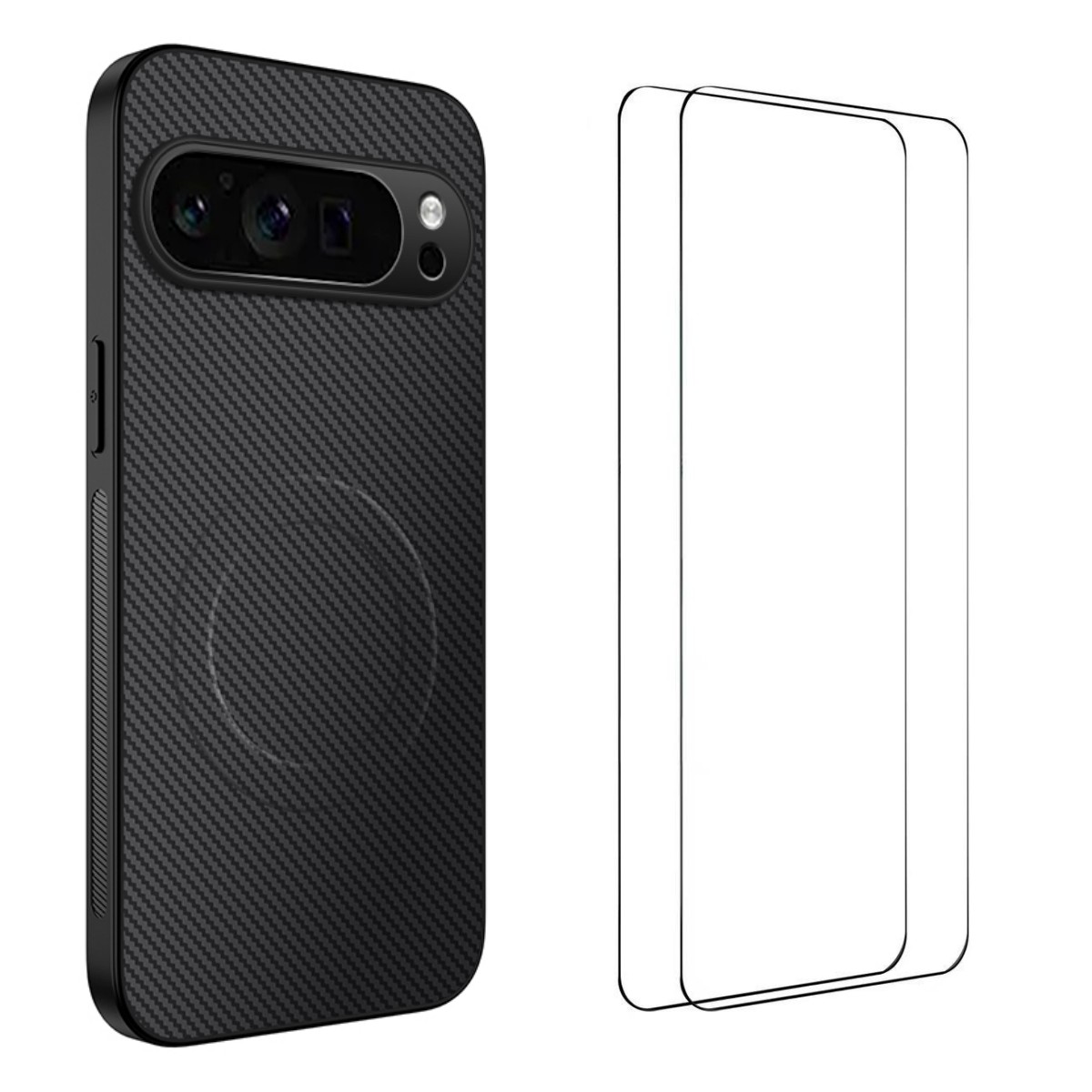 For Google Pixel 9 Pro Magnetic Case WANLONFENG TQ1 Series Carbon Fiber Texture PC TPU Phone Cover with 2Pcs Screen Films - Black