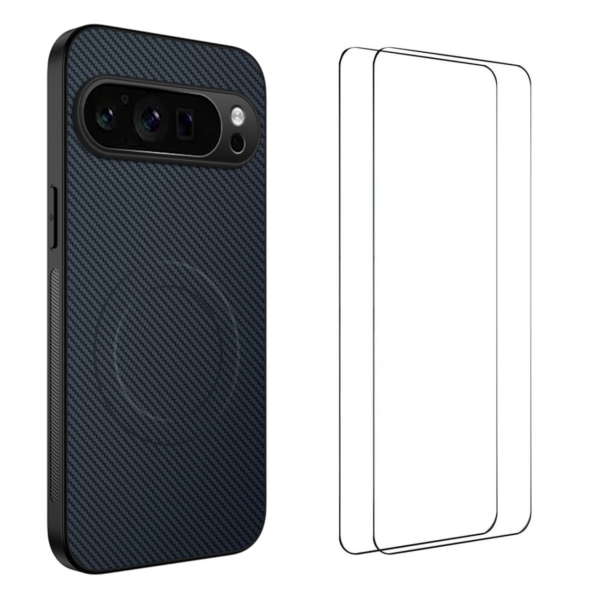 For Google Pixel 9 Pro Magnetic Case WANLONFENG TQ1 Series Carbon Fiber Texture PC TPU Phone Cover with 2Pcs Screen Films - Sapphire