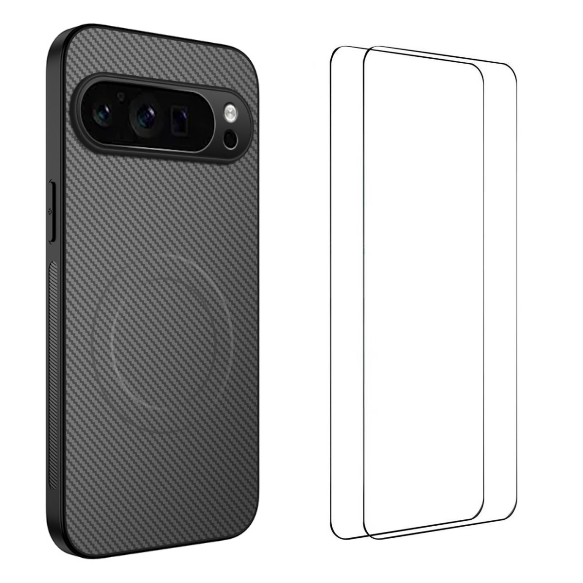 For Google Pixel 9 Pro Magnetic Case WANLONFENG TQ1 Series Carbon Fiber Texture PC TPU Phone Cover with 2Pcs Screen Films - Grey