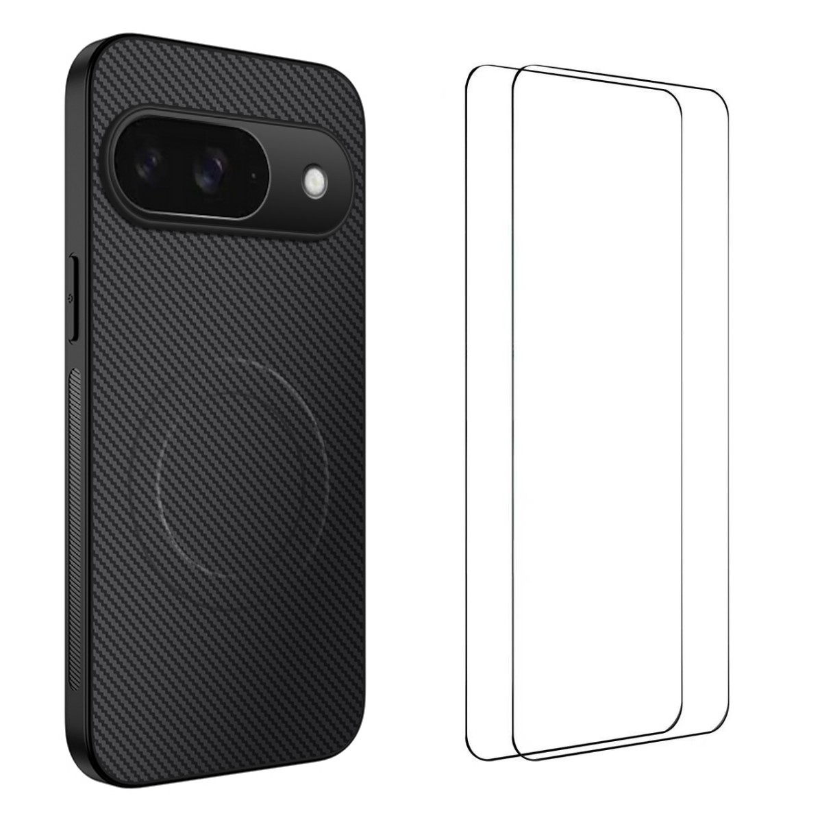 For Google Pixel 9 Magnetic Case WANLONFENG TQ1 Series Carbon Fiber Texture PC TPU Phone Cover with 2Pcs Screen Films - Black
