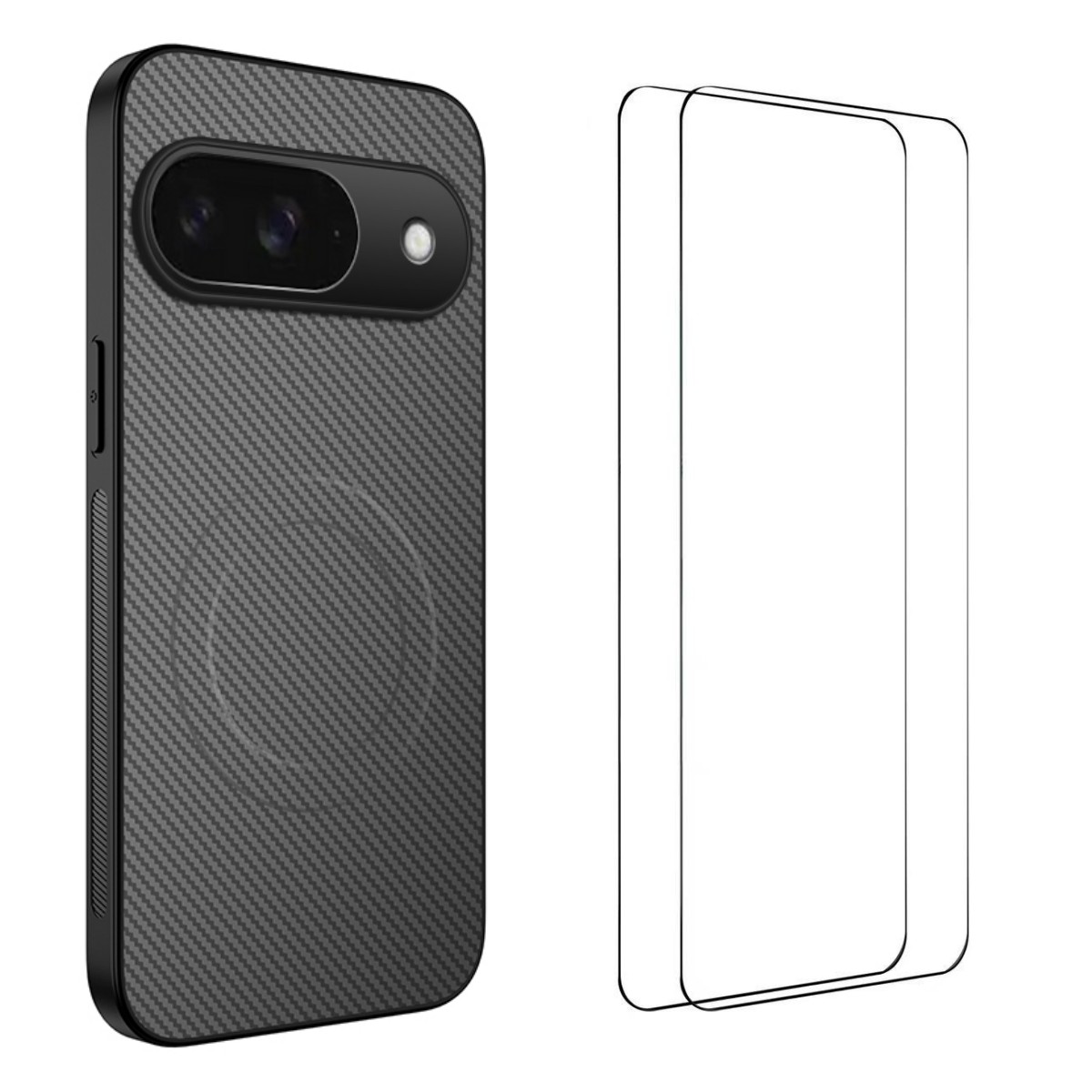 For Google Pixel 9 Magnetic Case WANLONFENG TQ1 Series Carbon Fiber Texture PC TPU Phone Cover with 2Pcs Screen Films - Grey