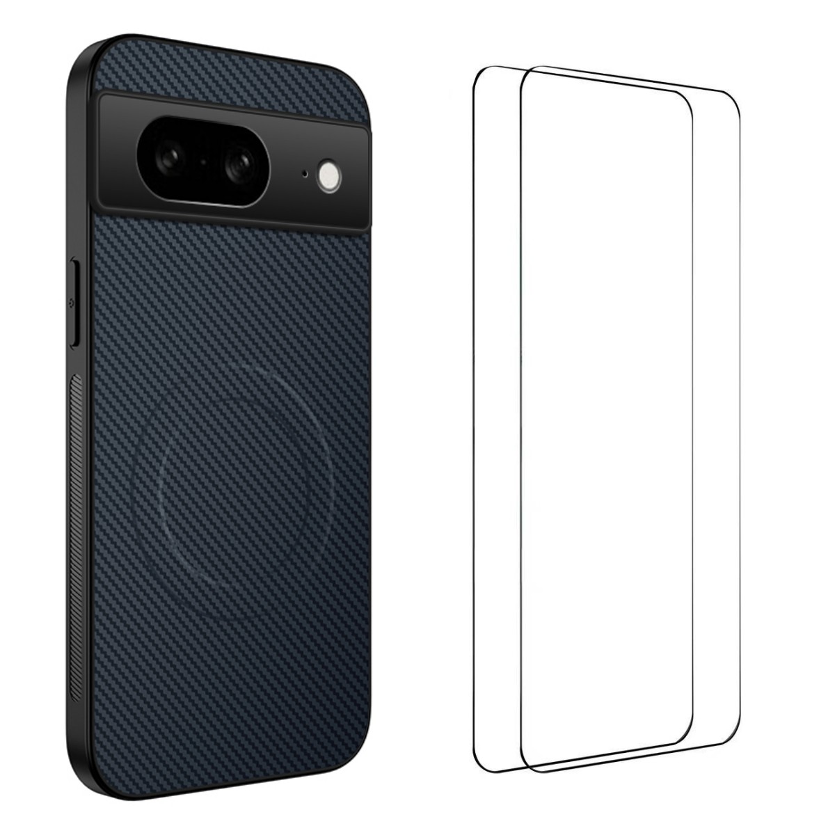 For Google Pixel 8 Magnetic Case WANLONFENG TQ1 Series Carbon Fiber Texture PC TPU Phone Cover with 2Pcs Screen Films - Sapphire