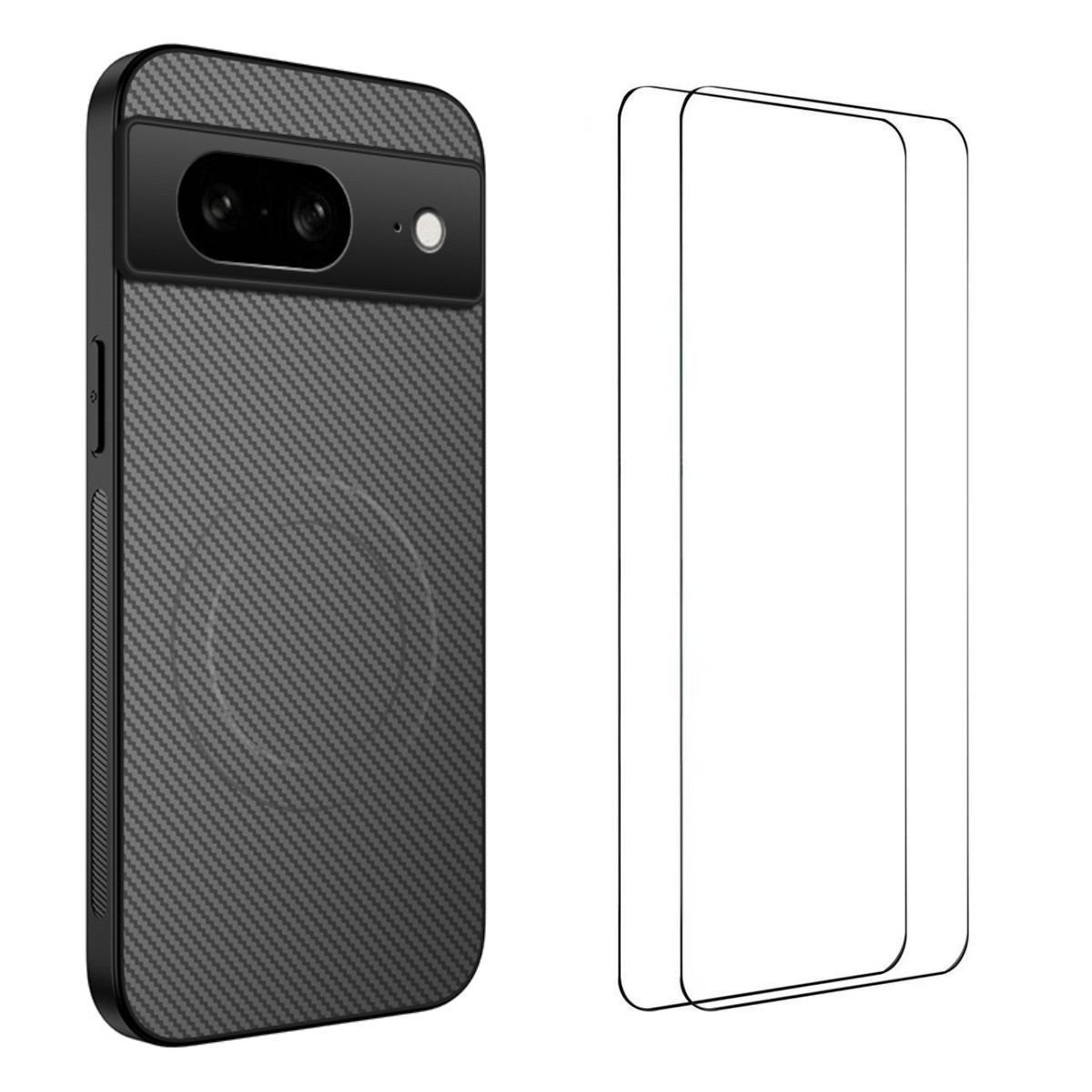 For Google Pixel 8 Magnetic Case WANLONFENG TQ1 Series Carbon Fiber Texture PC TPU Phone Cover with 2Pcs Screen Films - Grey