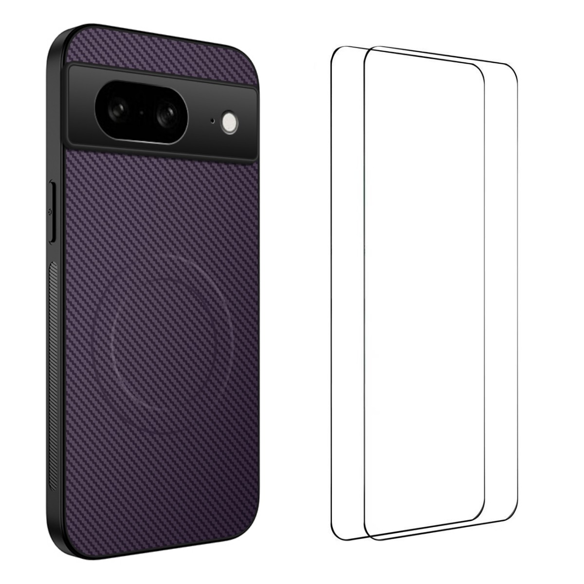For Google Pixel 8 Magnetic Case WANLONFENG TQ1 Series Carbon Fiber Texture PC TPU Phone Cover with 2Pcs Screen Films - Purple