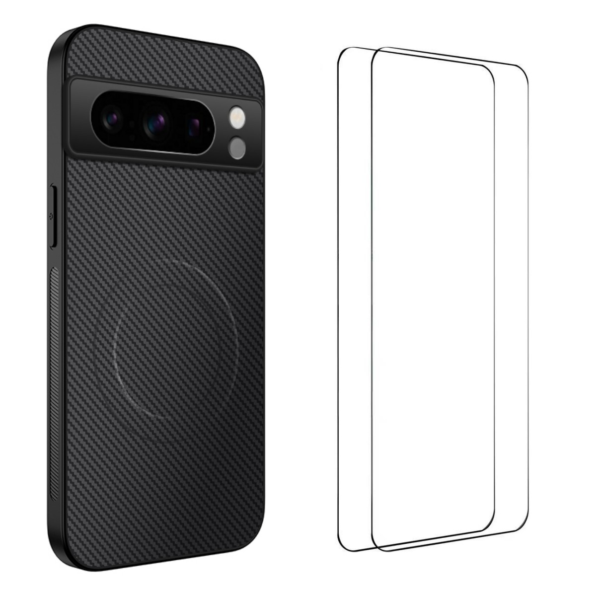 For Google Pixel 8 Pro Magnetic Case WANLONFENG TQ1 Series Carbon Fiber Texture PC TPU Phone Cover with 2Pcs Screen Films - Black