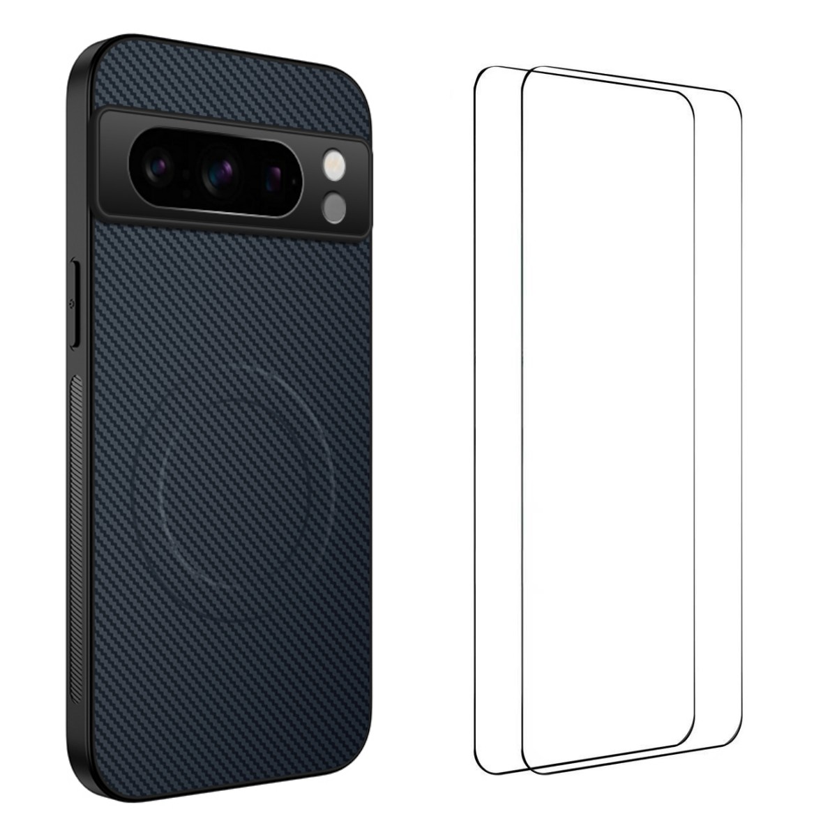 For Google Pixel 8 Pro Magnetic Case WANLONFENG TQ1 Series Carbon Fiber Texture PC TPU Phone Cover with 2Pcs Screen Films - Sapphire