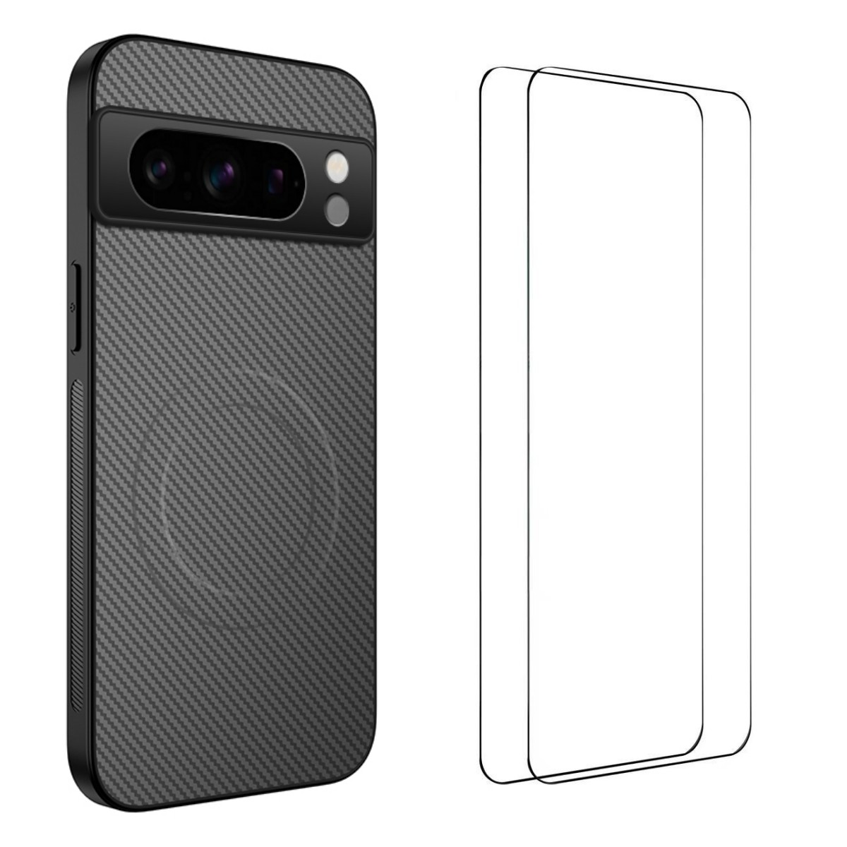 For Google Pixel 8 Pro Magnetic Case WANLONFENG TQ1 Series Carbon Fiber Texture PC TPU Phone Cover with 2Pcs Screen Films - Grey