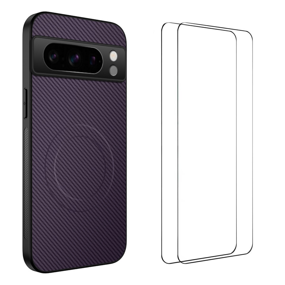 For Google Pixel 8 Pro Magnetic Case WANLONFENG TQ1 Series Carbon Fiber Texture PC TPU Phone Cover with 2Pcs Screen Films - Purple