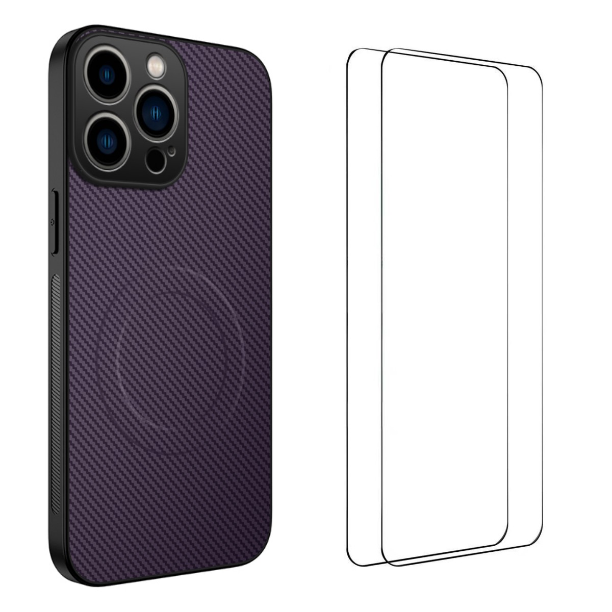 For iPhone 15 Pro Max Magnetic Case WANLONFENG TQ1 Series Carbon Fiber Texture PC TPU Phone Cover with 2Pcs Screen Films - Purple