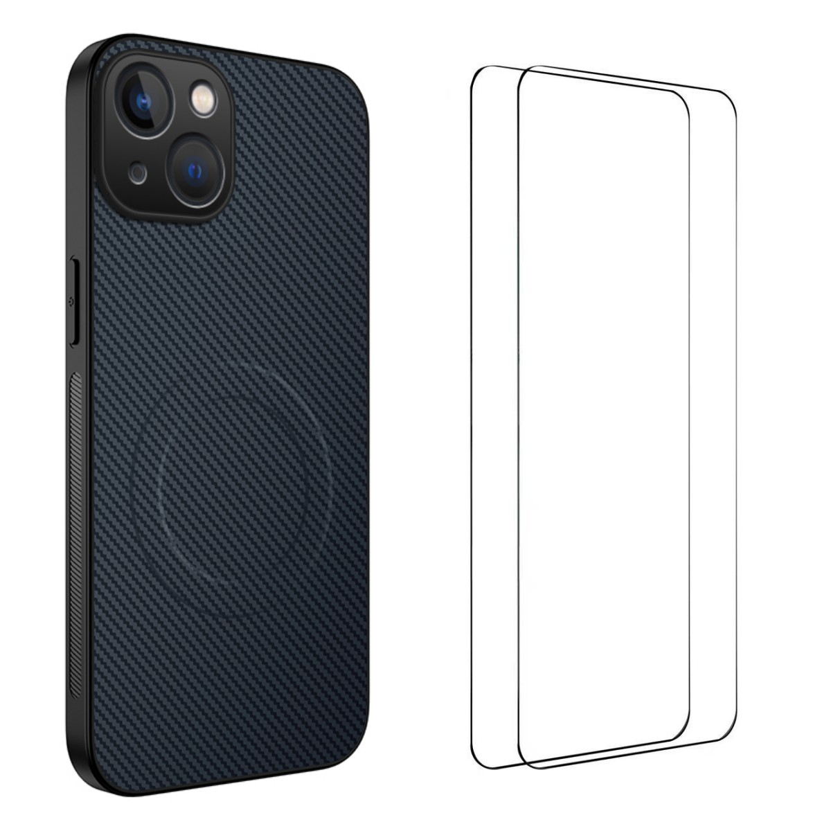 For iPhone 15 Magnetic Case WANLONFENG TQ1 Series Carbon Fiber Texture PC TPU Phone Cover with 2Pcs Screen Films - Sapphire