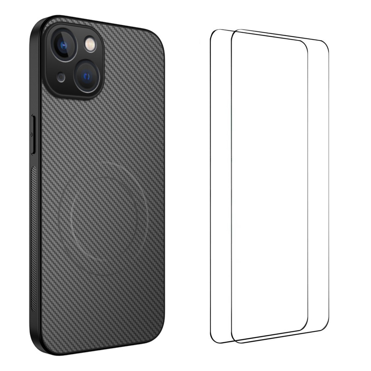 For iPhone 15 Magnetic Case WANLONFENG TQ1 Series Carbon Fiber Texture PC TPU Phone Cover with 2Pcs Screen Films - Grey