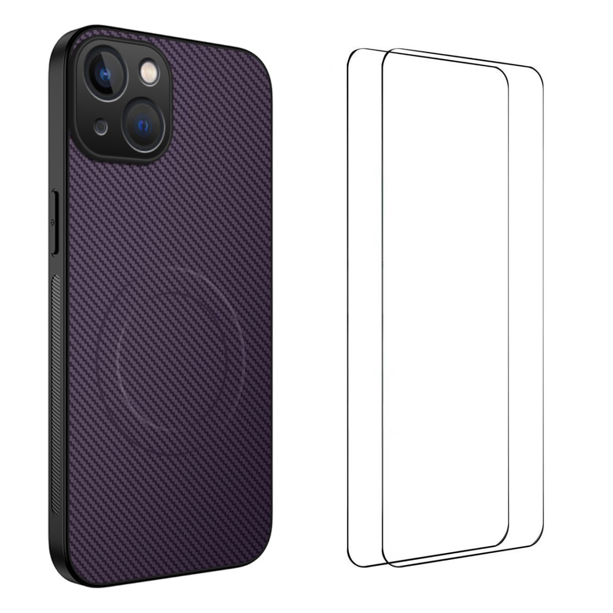 For iPhone 15 Magnetic Case WANLONFENG TQ1 Series Carbon Fiber Texture PC TPU Phone Cover with 2Pcs Screen Films - Purple