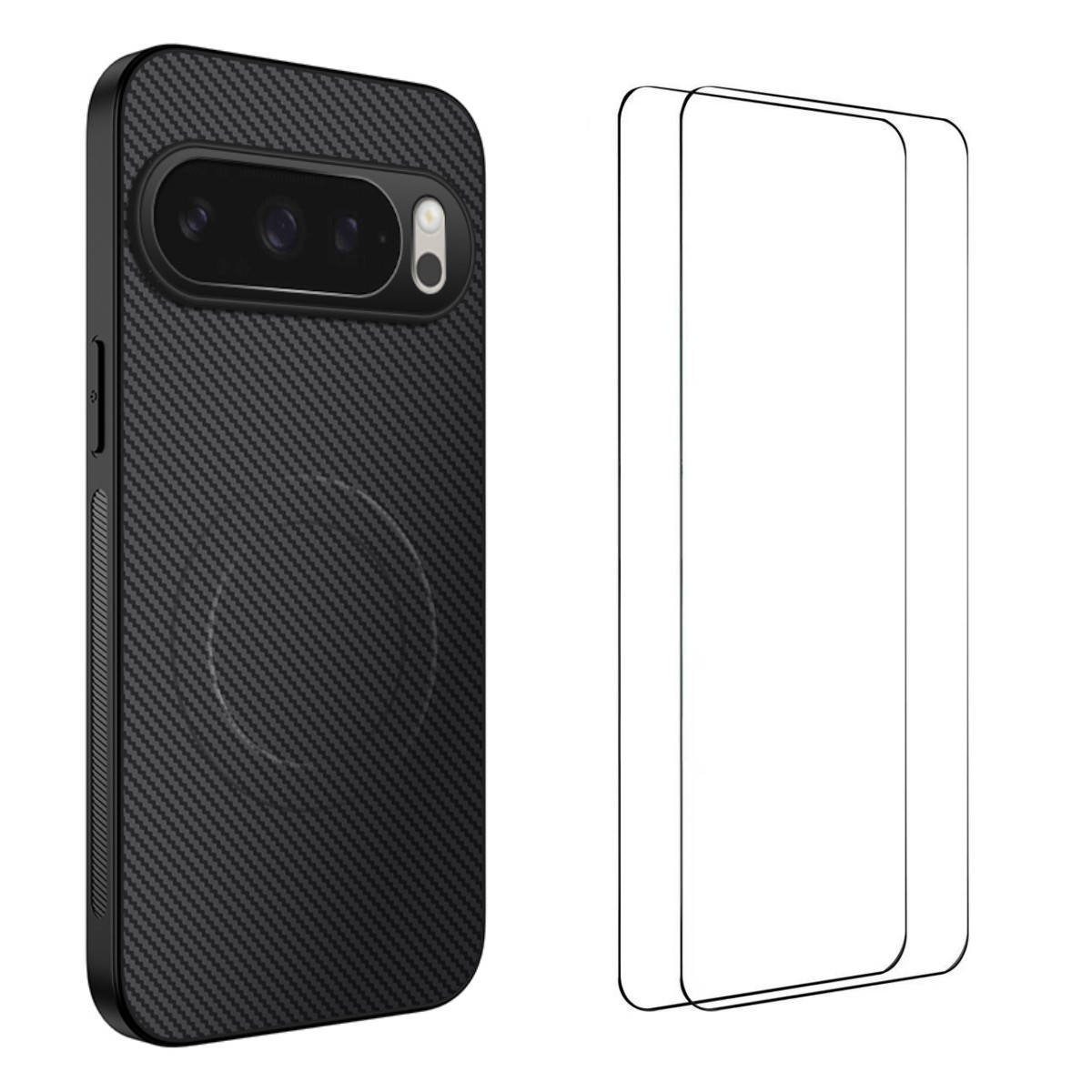For Google Pixel 10 Pro XL Magnetic Case WANLONFENG TQ1 Series Carbon Fiber Texture PC TPU Phone Cover with 2Pcs Screen Films - Black