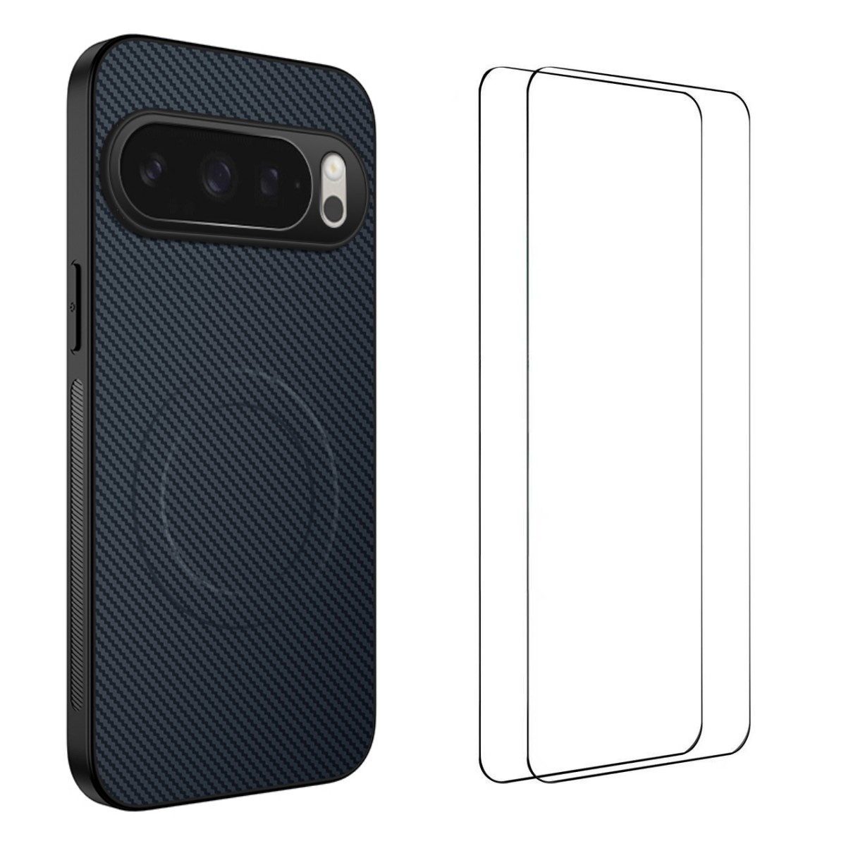 For Google Pixel 10 Pro Magnetic Case WANLONFENG TQ1 Series Carbon Fiber Texture PC TPU Phone Cover with 2Pcs Screen Films - Sapphire