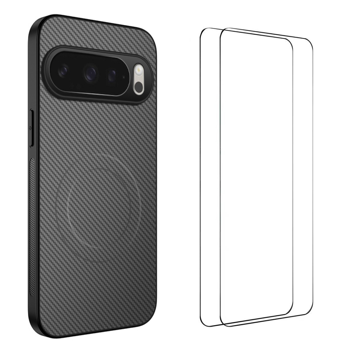 For Google Pixel 10 Magnetic Case WANLONFENG TQ1 Series Carbon Fiber Texture PC TPU Phone Cover with 2Pcs Screen Films - Grey