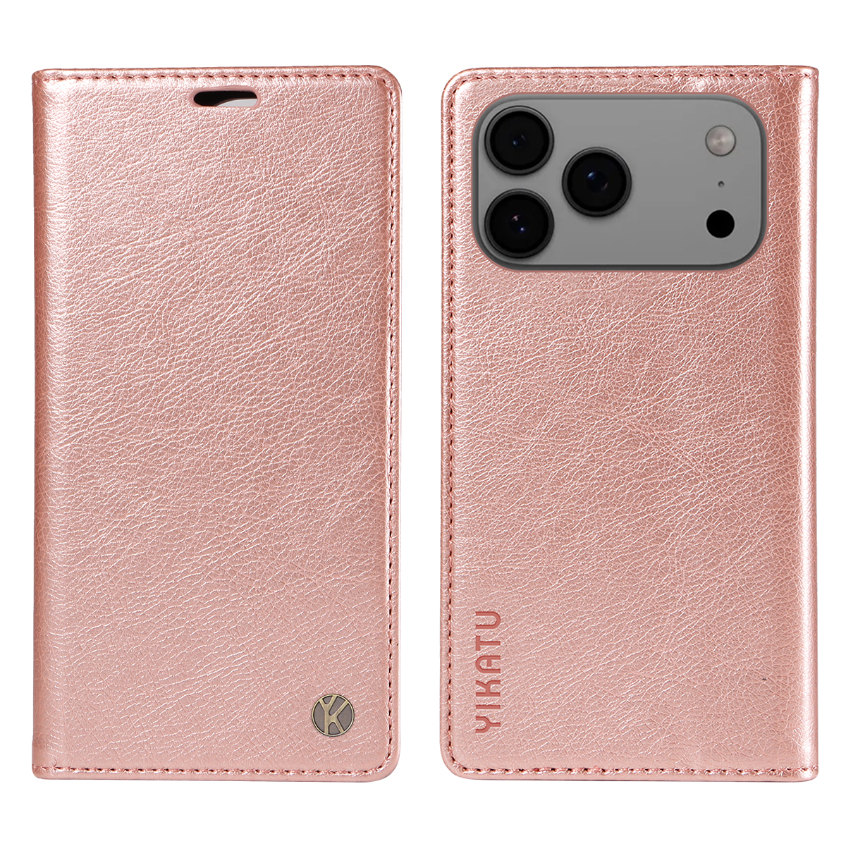For iPhone 17 Pro Max Wallet Case YIKATU YK-006 Magnetic Closure Leather Phone Cover Litchi Texture - Rose Gold