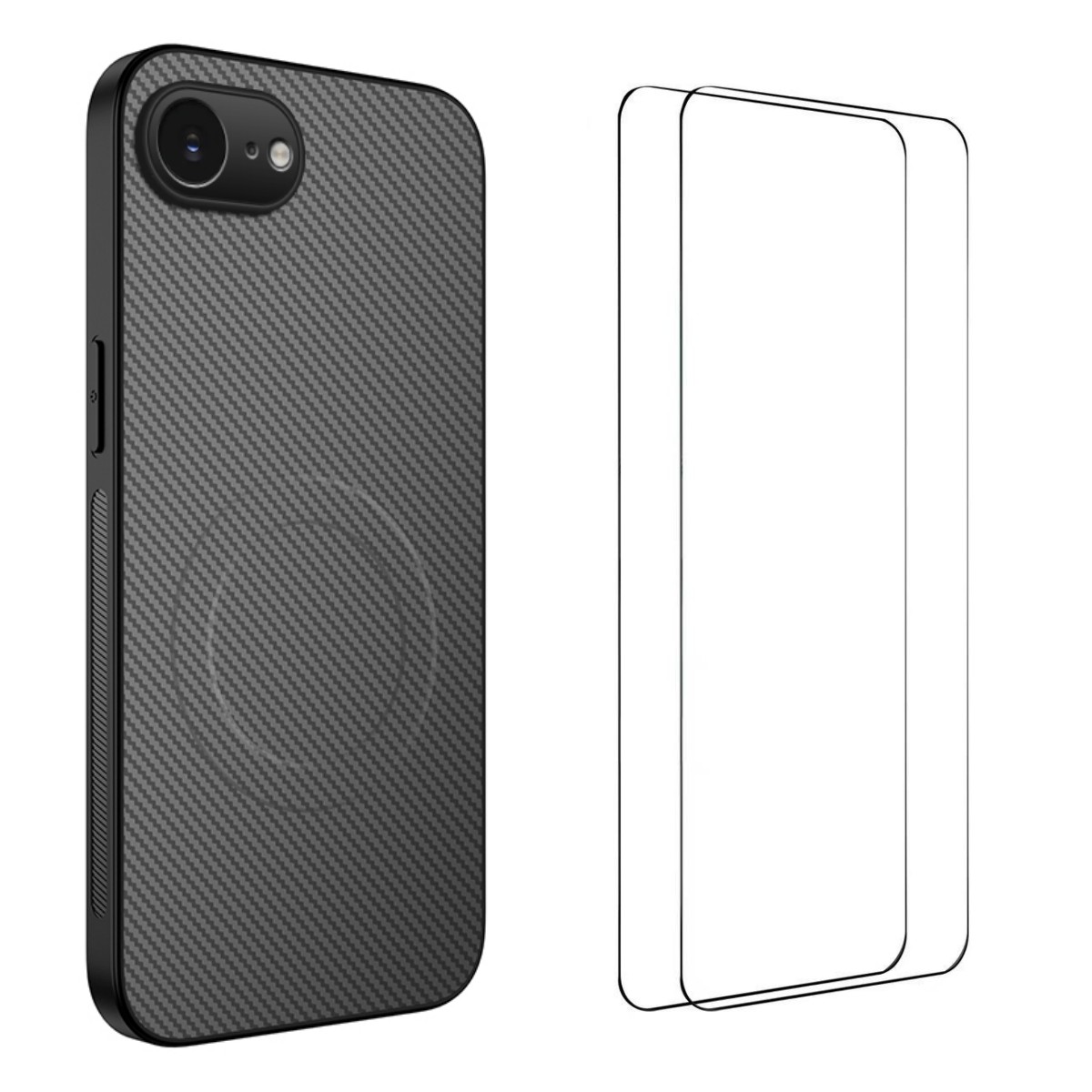 For iPhone 16e Magnetic Case WANLONFENG TQ1 Series Carbon Fiber Texture PC TPU Phone Cover with 2Pcs Screen Films - Grey