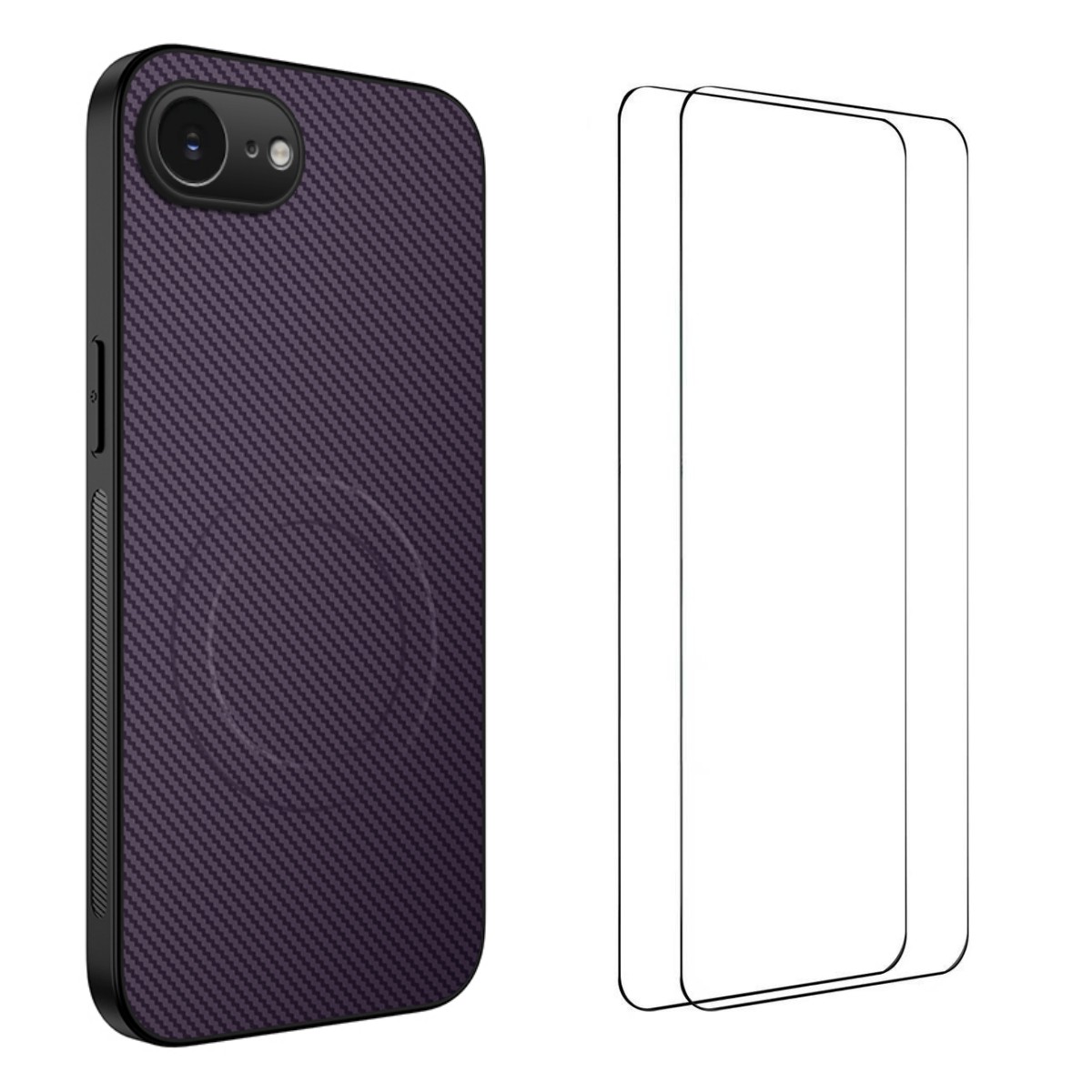 For iPhone 16e Magnetic Case WANLONFENG TQ1 Series Carbon Fiber Texture PC TPU Phone Cover with 2Pcs Screen Films - Purple