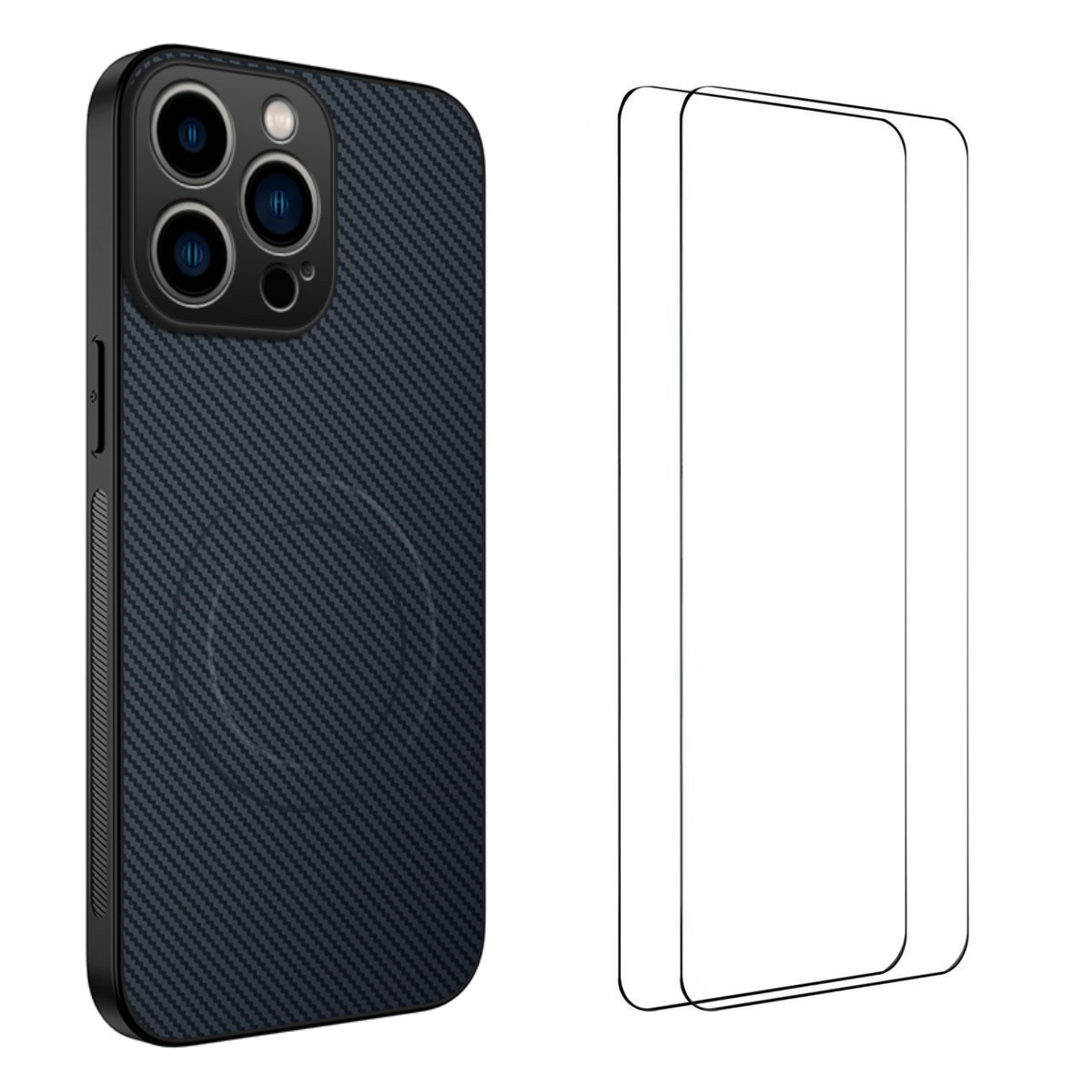 For iPhone 16 Pro Magnetic Case WANLONFENG TQ1 Series Carbon Fiber Texture PC TPU Phone Cover with 2Pcs Screen Films - Sapphire