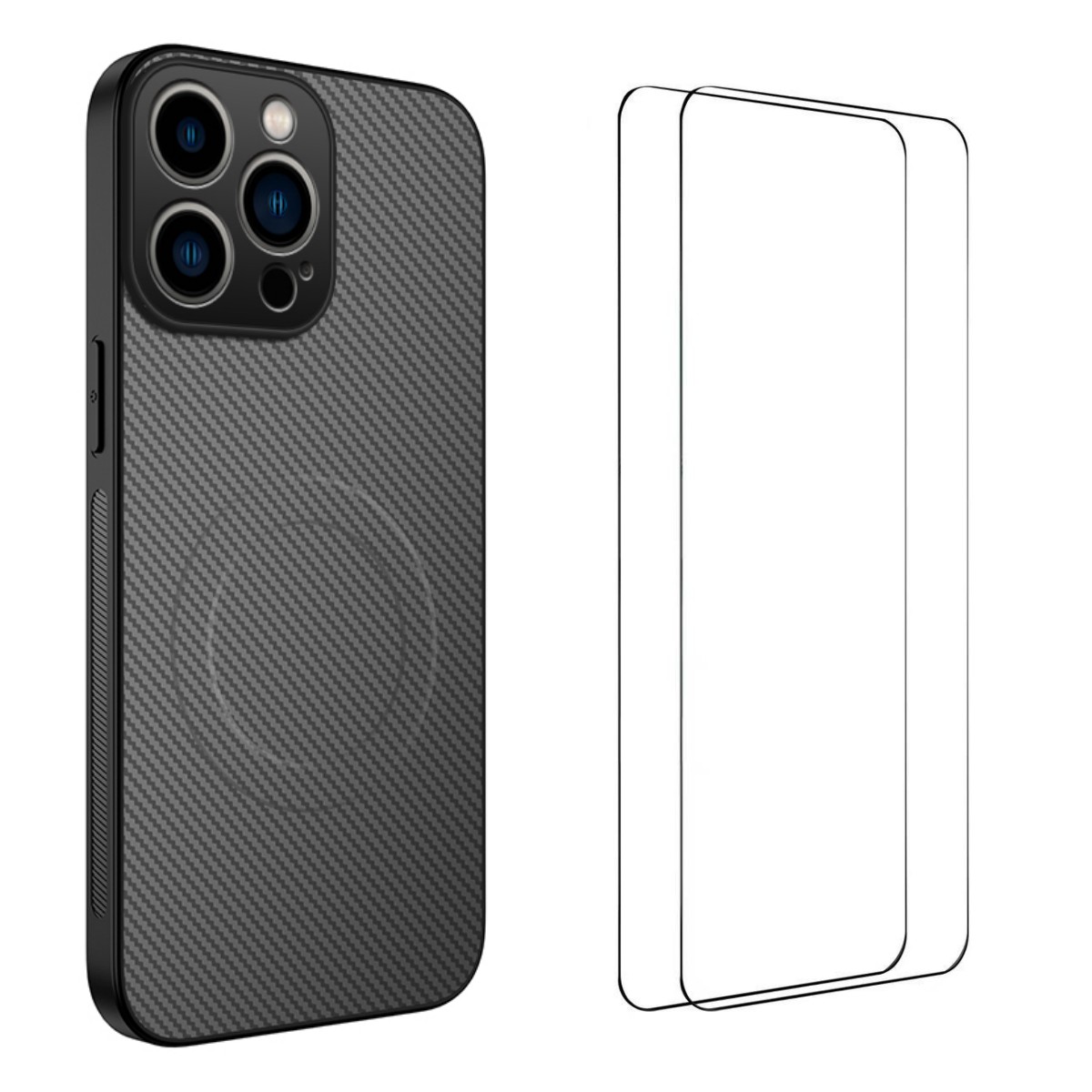 For iPhone 16 Pro Magnetic Case WANLONFENG TQ1 Series Carbon Fiber Texture PC TPU Phone Cover with 2Pcs Screen Films - Grey