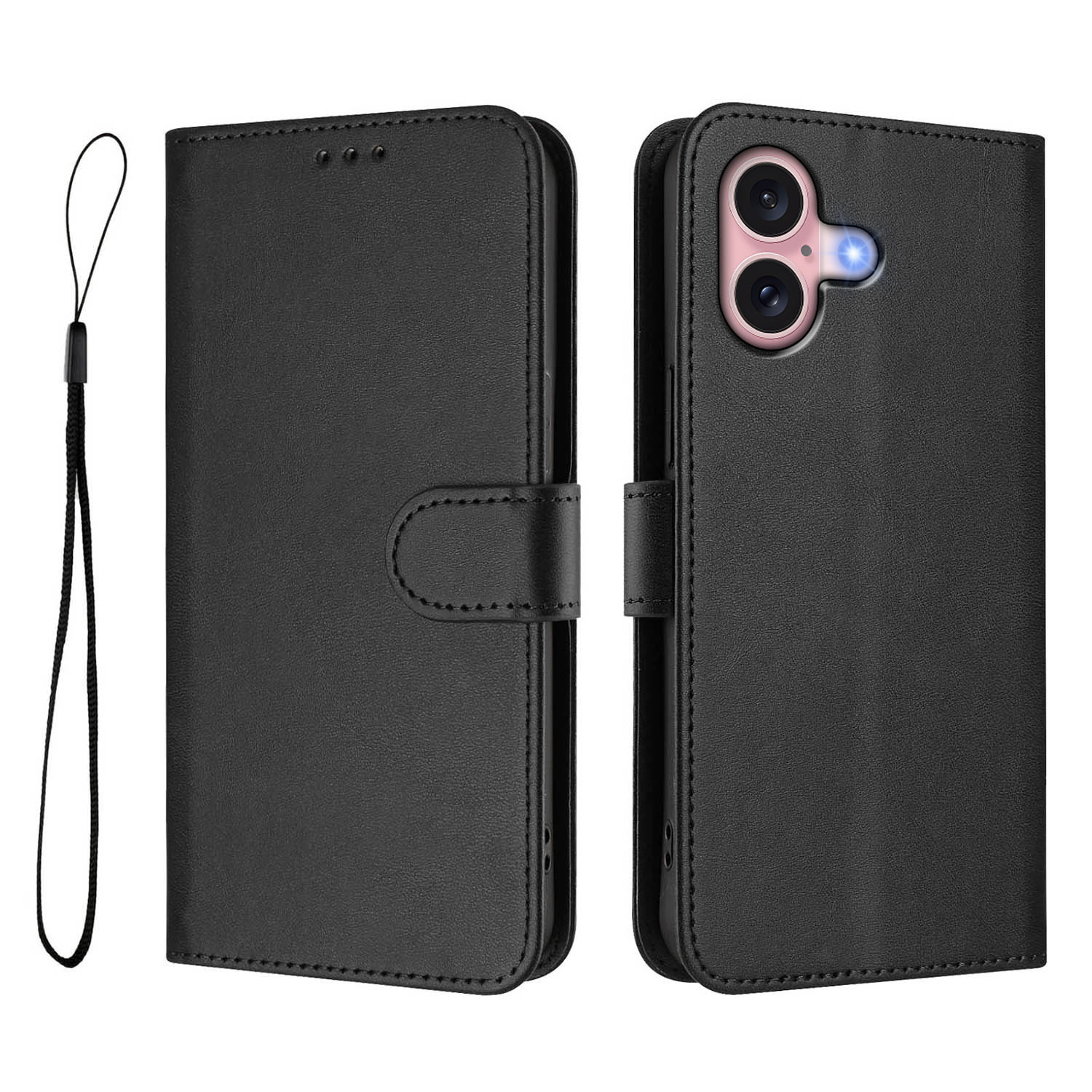For iPhone 16 Wallet Case RFID Blocking Calf Texture Leather Stand Phone Cover with Strap - Black