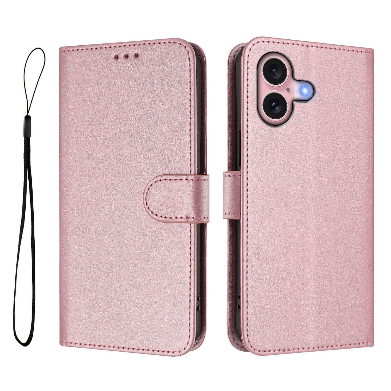 For iPhone 16 Wallet Case RFID Blocking Calf Texture Leather Stand Phone Cover with Strap - Pink