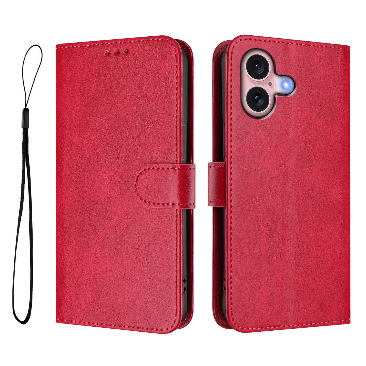 For iPhone 16 Wallet Case RFID Blocking Calf Texture Leather Stand Phone Cover with Strap - Rose