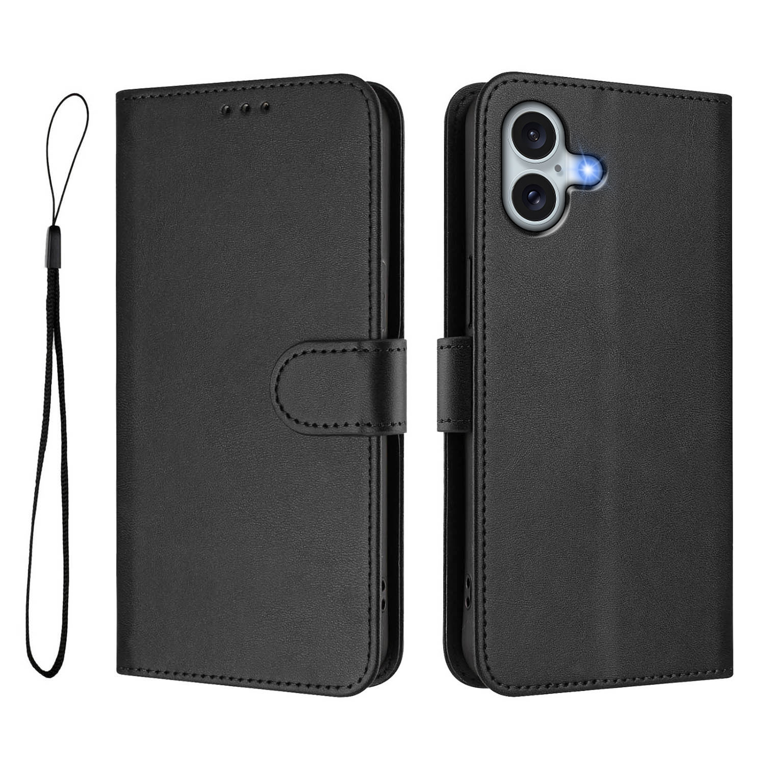 For iPhone 16 Plus Wallet Case RFID Blocking Calf Texture Leather Stand Phone Cover with Strap - Black