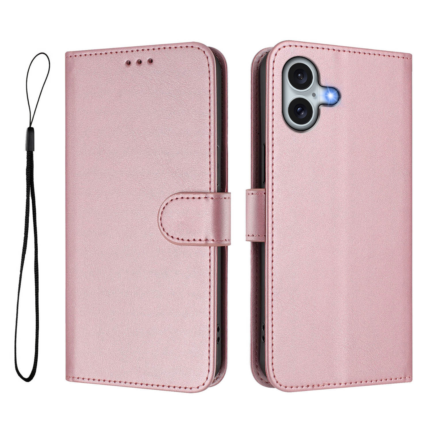 For iPhone 16 Plus Wallet Case RFID Blocking Calf Texture Leather Stand Phone Cover with Strap - Pink