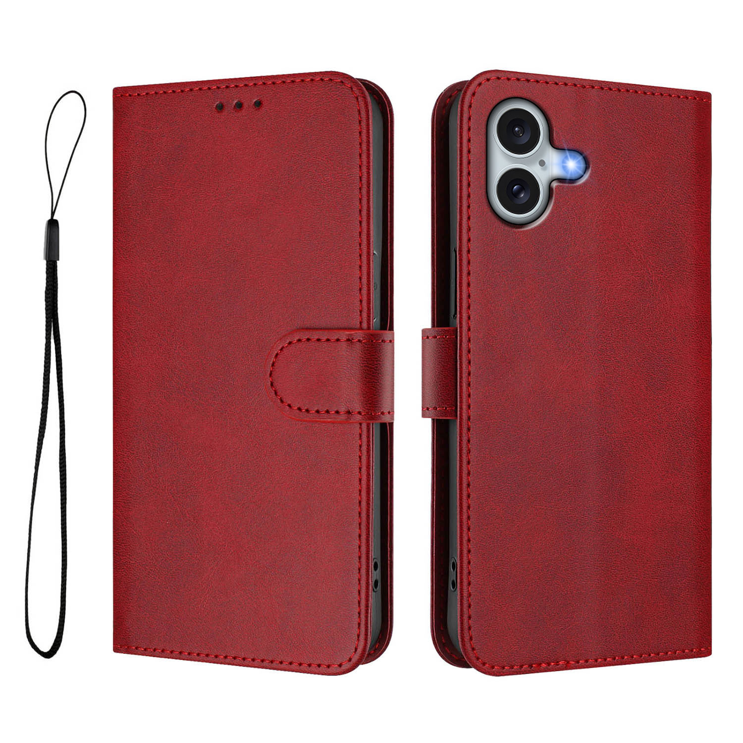 For iPhone 16 Plus Wallet Case RFID Blocking Calf Texture Leather Stand Phone Cover with Strap - Wine Red