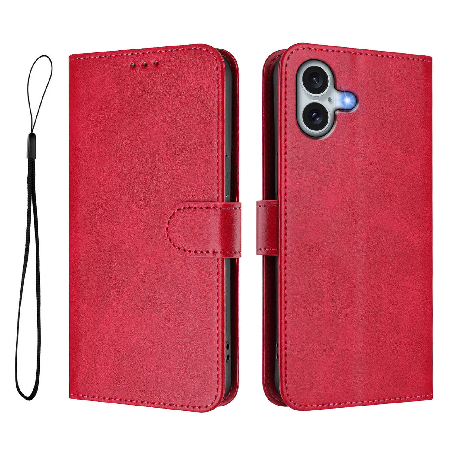For iPhone 16 Plus Wallet Case RFID Blocking Calf Texture Leather Stand Phone Cover with Strap - Rose